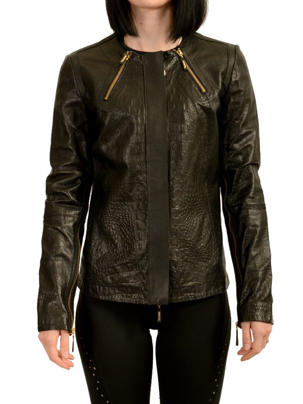 Just Cavalli Women's Black 100% Leather Perforated Bomber Jacket US S IT 40